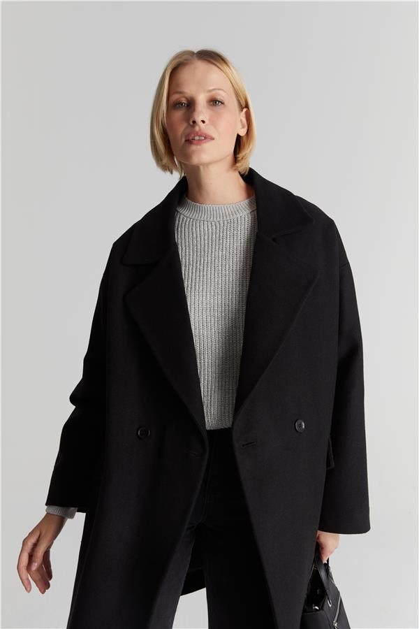 Çetinkaya Fithit 9073 Kadın Erkek Yaka Oversize Kaban Siyah