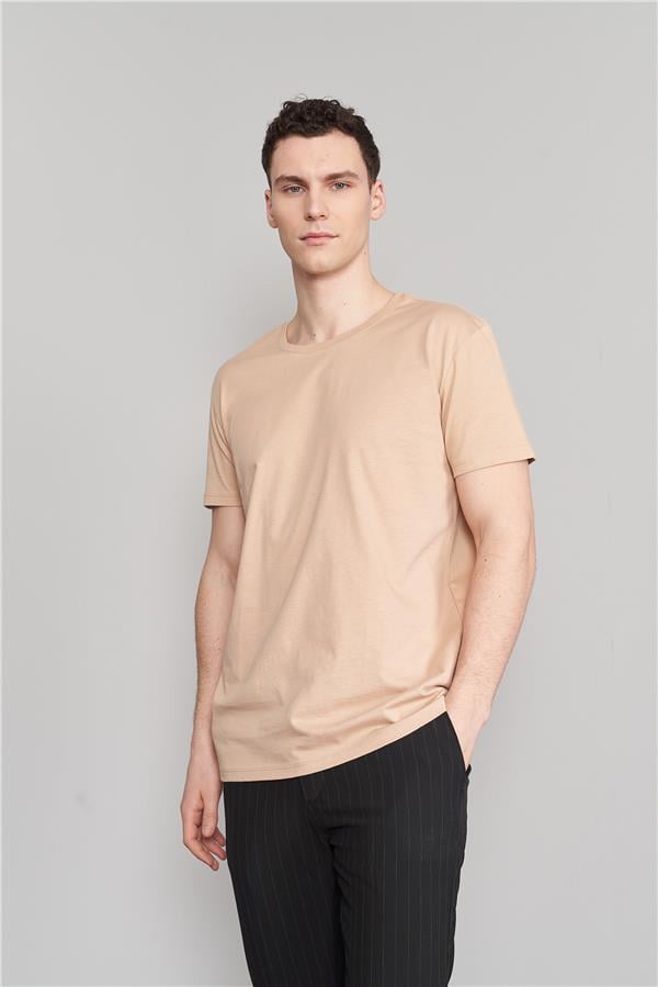 Çetinkaya Mentality 2772 Bisiklet Yaka Penye Slim Fit Camel T-Shirt