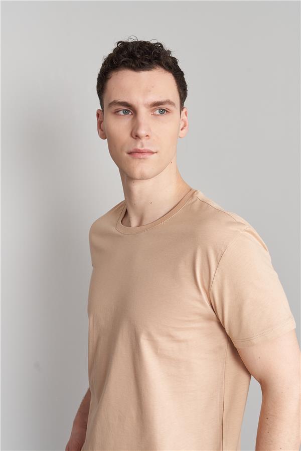 Çetinkaya Mentality 2772 Bisiklet Yaka Penye Slim Fit Camel T-Shirt