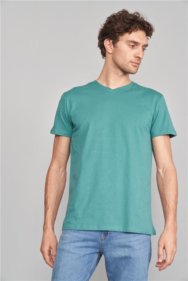 Çetinkaya Mentality 2772 Erkek V Yaka Basic T-Shirt Koyu Yeşil %100 Pamuk