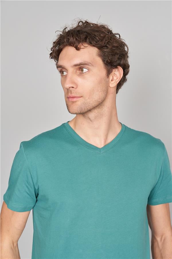 Çetinkaya Mentality 2772 Erkek V Yaka Basic T-Shirt Koyu Yeşil %100 Pamuk