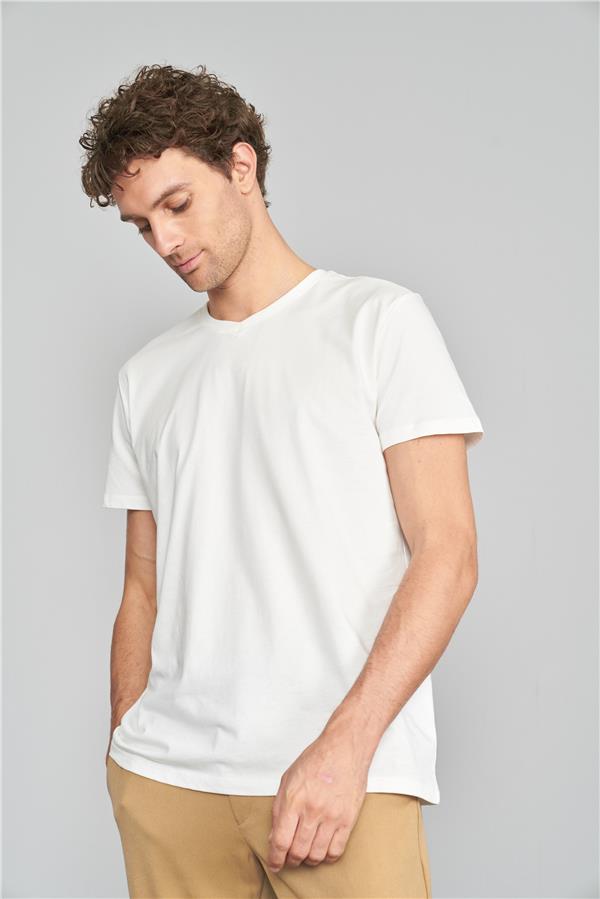 Çetinkaya Mentality 2772 V Yaka Penye Slim Fit Krem T-shırt