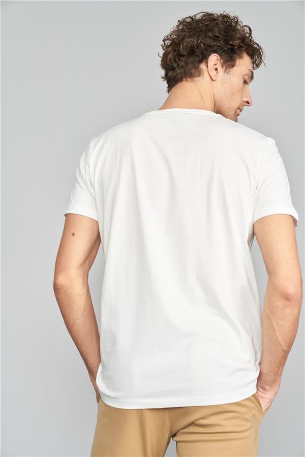 Çetinkaya Mentality 2772 V Yaka Penye Slim Fit Krem T-shırt