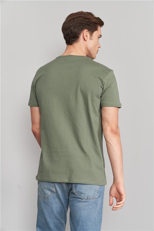 Çetinkaya Mentality 2772 V Yaka Penye Slim Fit Açık Haki T-shırt