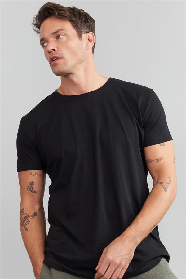 Çetinkaya Mentality 2772B Erkek Slim Fit Bisiklet Yaka 3'lü Siyah-Beyaz-Lacivert Tişört Paketi %100 Pamuk