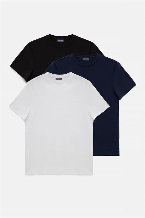 Çetinkaya Mentality 2772B Erkek Slim Fit Bisiklet Yaka 3'lü Siyah-Beyaz-Lacivert Tişört Paketi %100 Pamuk