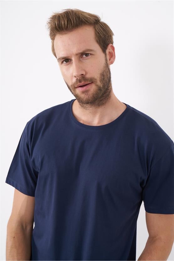 Çetinkaya Mentality 2772B Erkek Slim Fit Bisiklet Yaka 3'lü Siyah-Beyaz-Lacivert Tişört Paketi %100 Pamuk