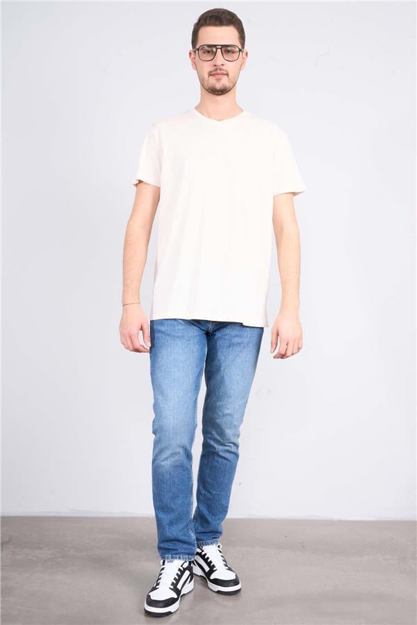 Çetinkaya Mentality 2772V -S V Yaka Basic T-Shirt Koyu Krem