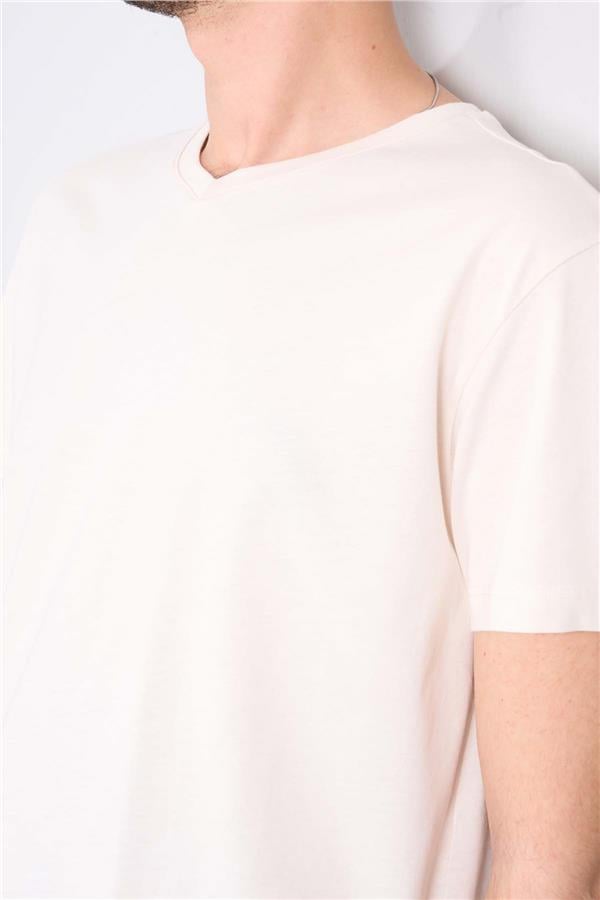 Çetinkaya Mentality 2772V -S V Yaka Basic T-Shirt Koyu Krem