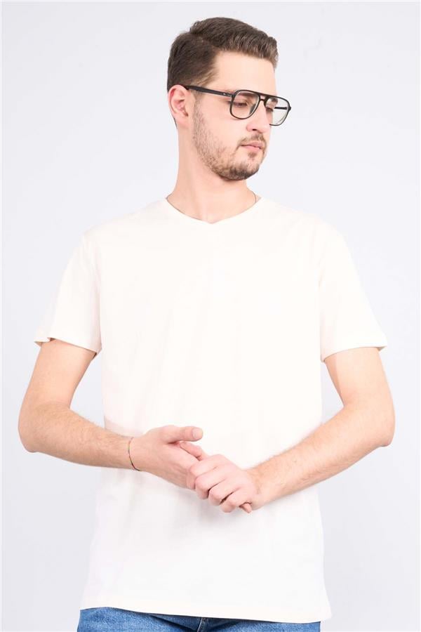 Çetinkaya Mentality 2772V -S V Yaka Basic T-Shirt Koyu Krem