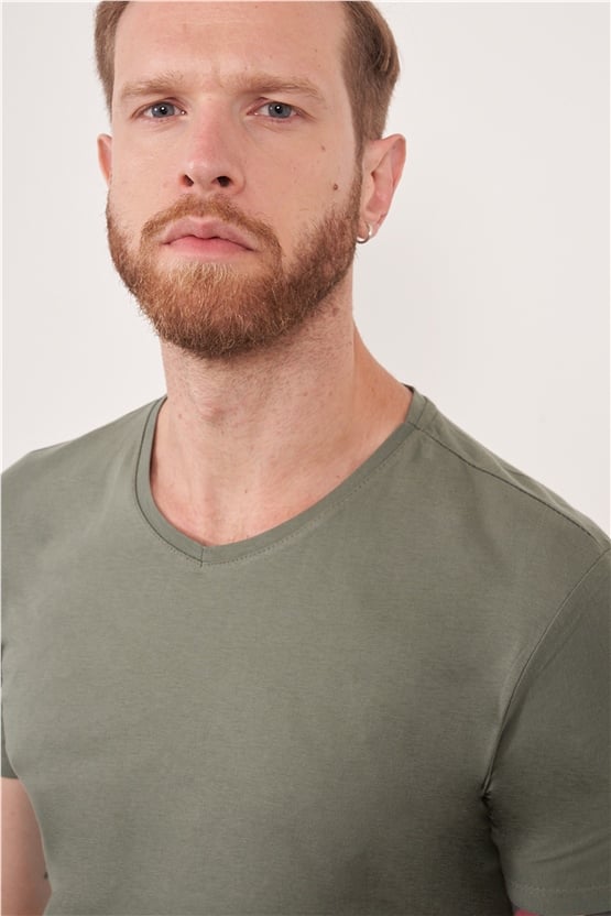 Çetinkaya Mentality 2772V V Yaka Açık Basic Haki T-Shirt