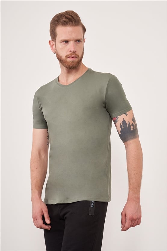 Çetinkaya Mentality 2772V V Yaka Açık Basic Haki T-Shirt