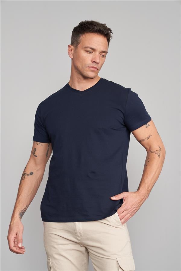Çetinkaya Mentality 2772V V Yaka Basic Lacivert T-Shirt