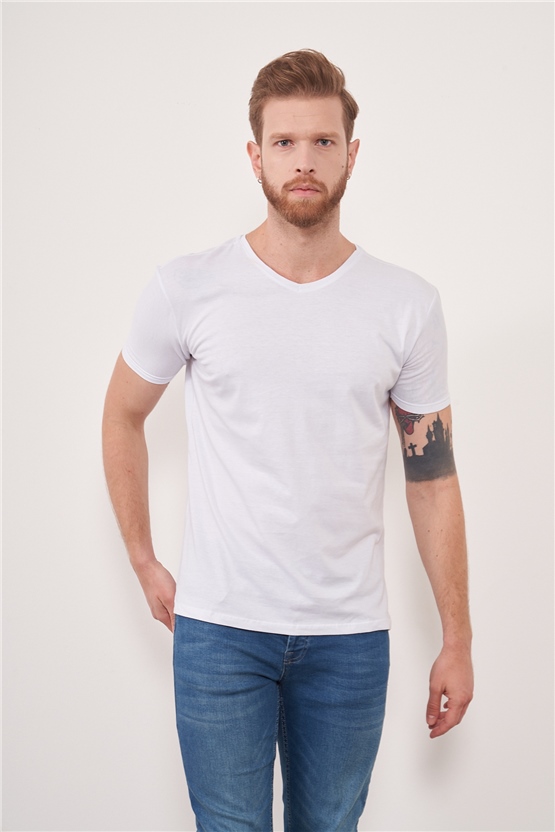 Çetinkaya Mentality 2772V V Yaka Beyaz T-Shirt