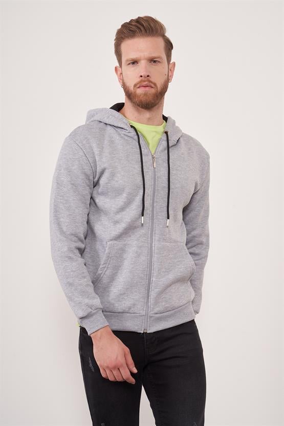 Çetinkaya Mentality 3034 Rahat Kalıp Gri Melanj Fermuarlı Sweatshirt