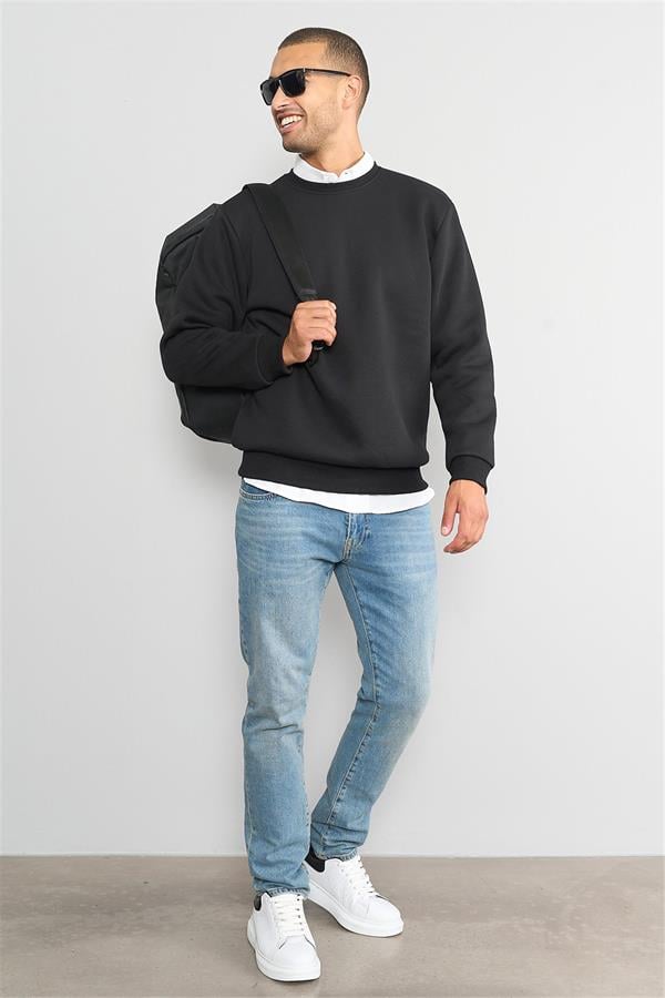 Çetinkaya Mentality 3036 3 İp Bisiklet Yaka Siyah Sweatshirt