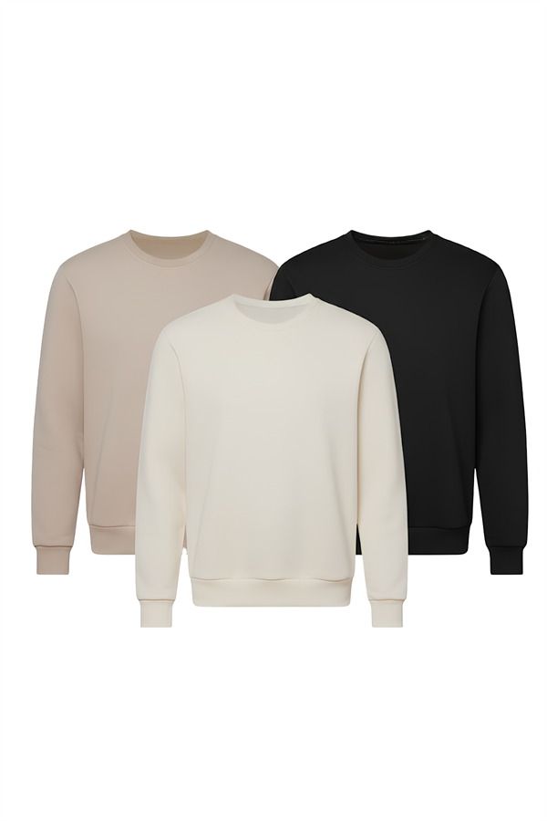 Çetinkaya Mentality 3036 3 İplik Bisiklet Yaka Krem 3'lü Sweatshirt Seti Siyah-Krem-Taş