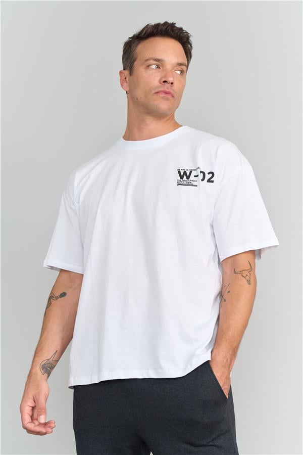 Çetinkaya Mentality 3081 Erkek Bisiklet Yaka Oversize T-Shirt Beyaz