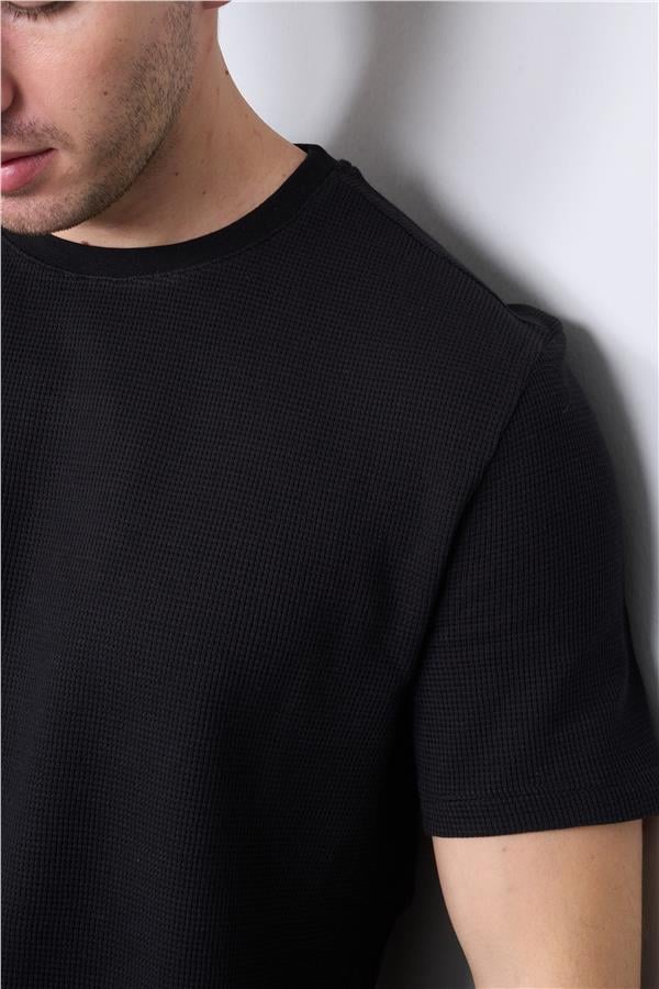 Çetinkaya Mentality 3394 Erkek Bisiklet Yaka Regular Waffle T-Shirt Siyah