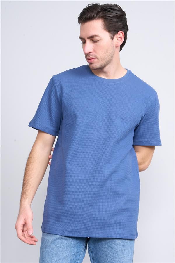 Çetinkaya Mentality 3394 Erkek Bisiklet Yaka Regular Waffle T-Shirt İndigo
