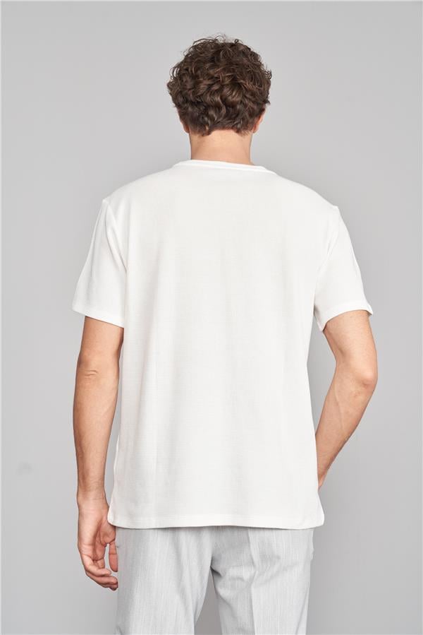 Çetinkaya Mentality 3394 Erkek Bisiklet Yaka Regular Waffle T-Shirt Krem