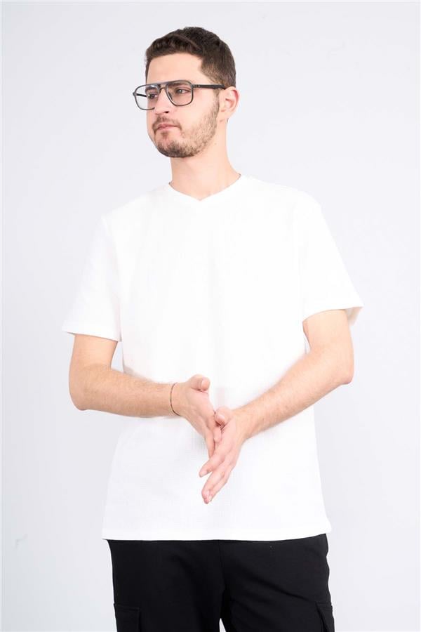 Çetinkaya Mentality 3394 Erkek V Yaka Regular Waffle T-Shirt Krem