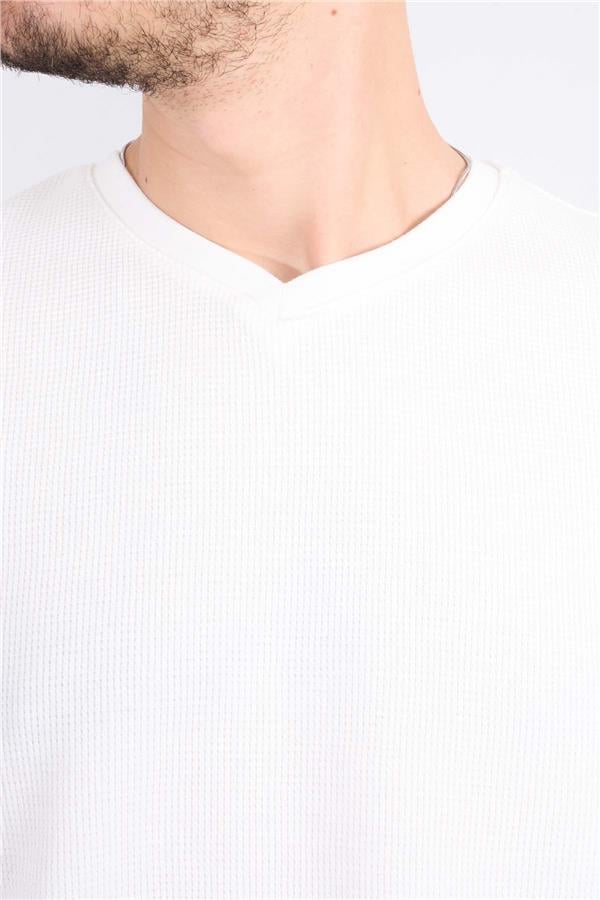Çetinkaya Mentality 3394 Erkek V Yaka Regular Waffle T-Shirt Krem