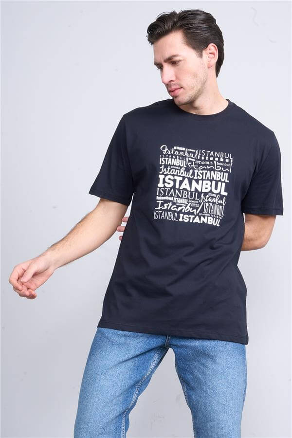 Çetinkaya Mentality 3400 Erkek Bisiklet Yaka Regular Baskılı T-Shirt Siyah