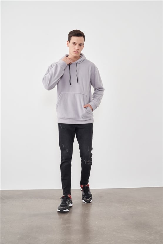 Çetinkaya Mentality 3566 Kapüşonlu Kanguru Cepli Polar Gri Sweatshirt