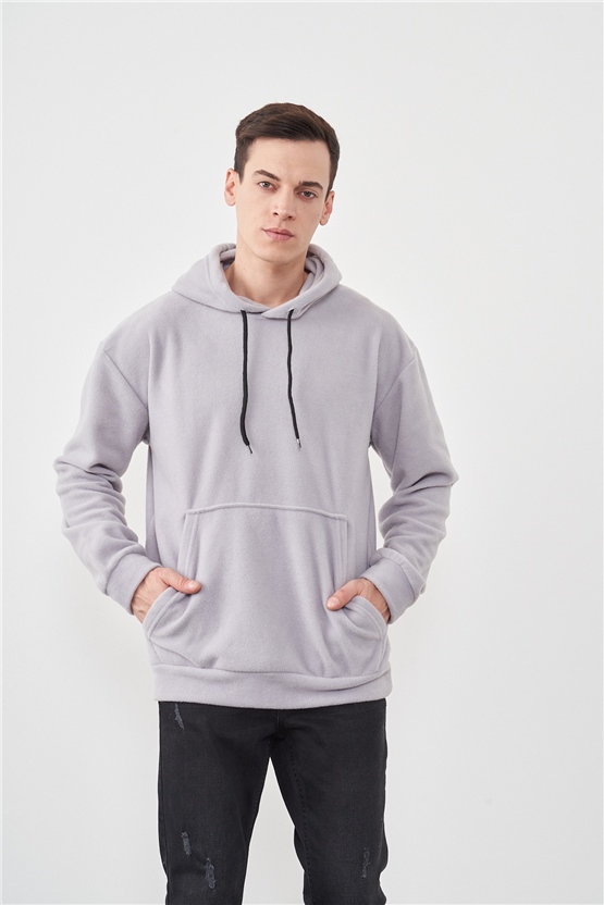 Çetinkaya Mentality 3566 Kapüşonlu Kanguru Cepli Polar Gri Sweatshirt