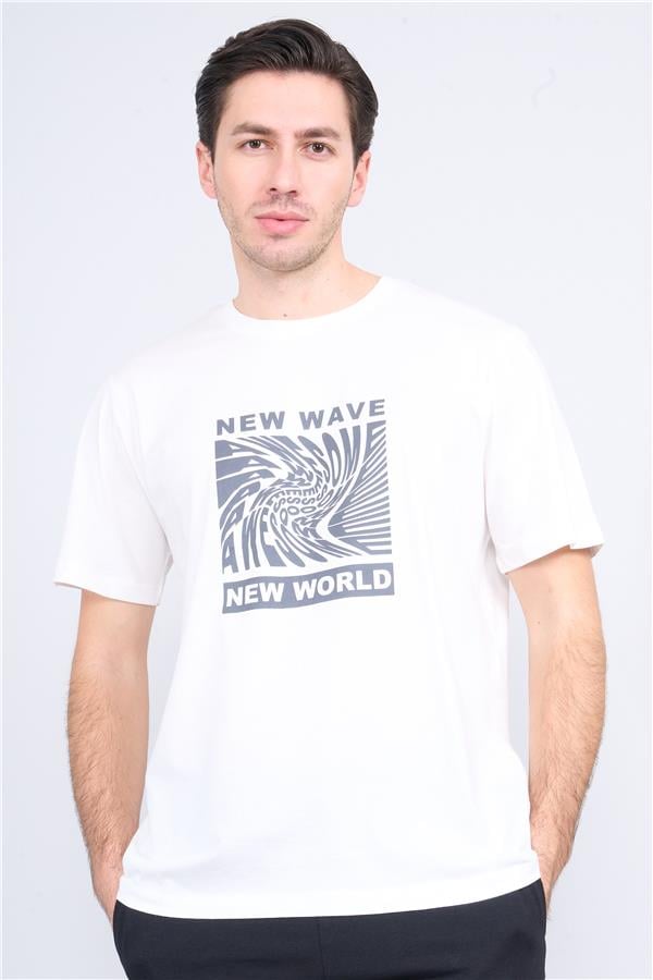 Çetinkaya Mentality 3698 Bisiklet Yaka Penye Regular Baskılı T-shirt Krem