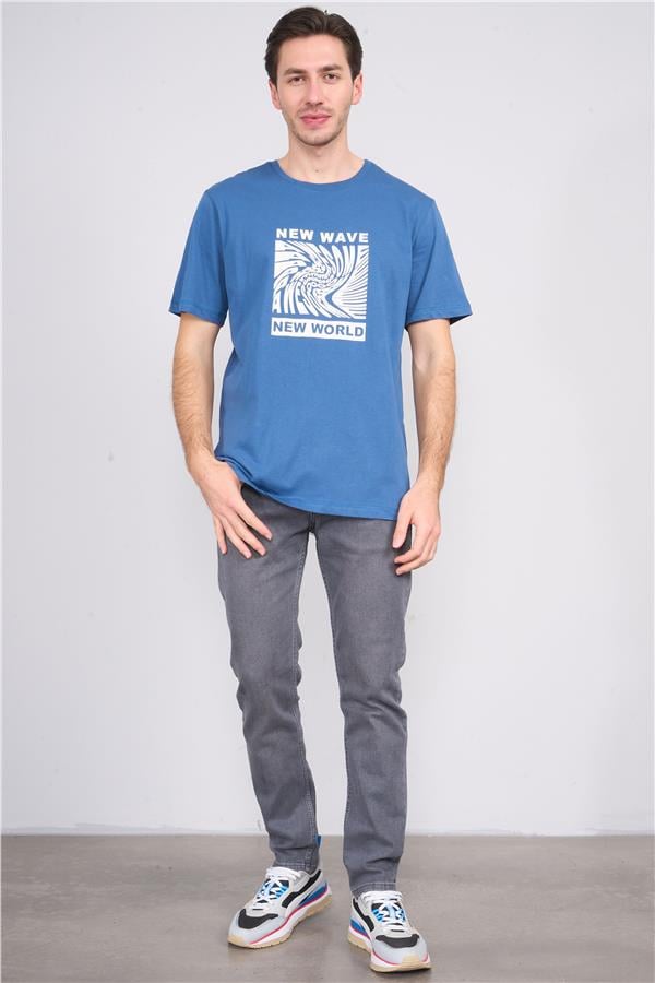 Çetinkaya Mentality 3698 Bisiklet Yaka Penye Regular Baskılı T-shirt İndigo