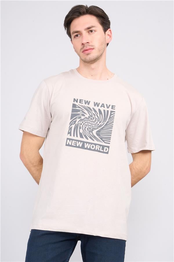 Çetinkaya Mentality 3698 Bisiklet Yaka Penye Regular Baskılı T-shirt Vizon