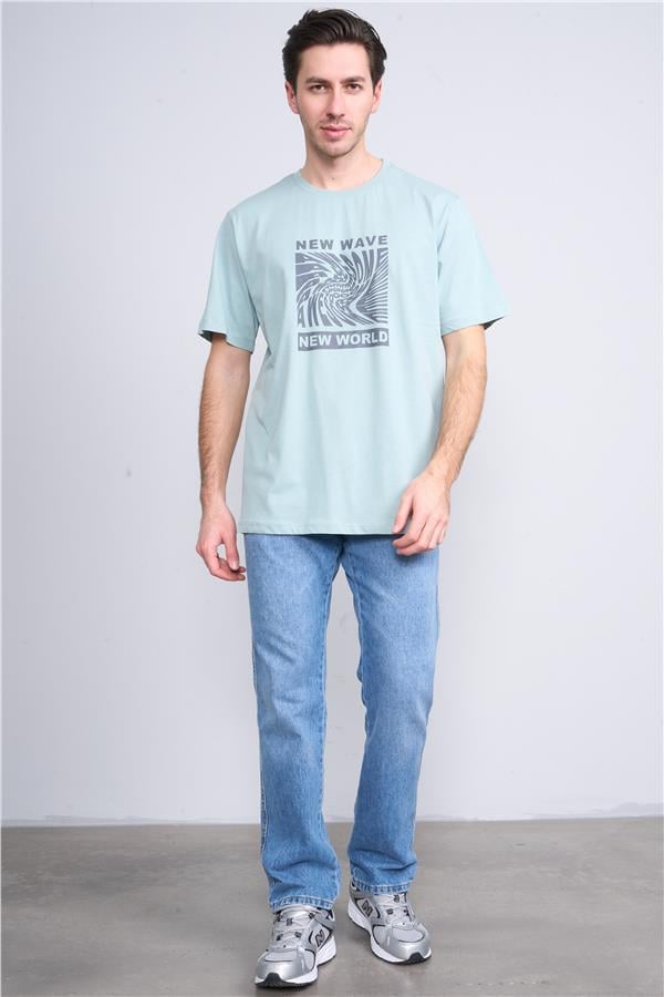 Çetinkaya Mentality 3698 Bisiklet Yaka Penye Regular Baskılı T-shirt Mavi Yeşil