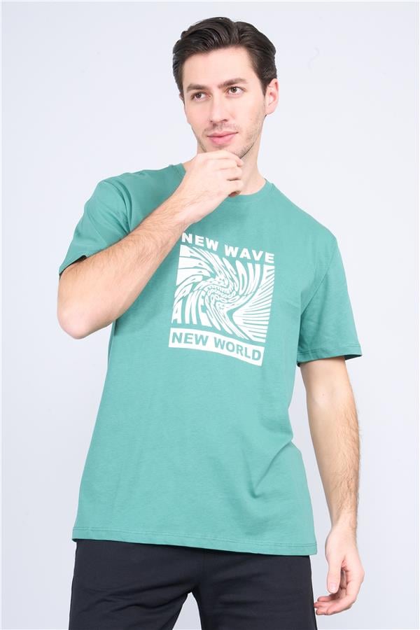 Çetinkaya Mentality 3698 Bisiklet Yaka Penye Regular Baskılı T-shirt Eski Yeşil