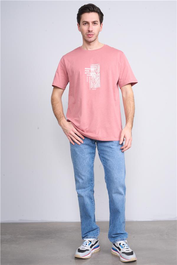 Çetinkaya Mentality 3720 Bisiklet Yaka 30/1 Penye Regular Baskılı T-shirt Gül Kurusu
