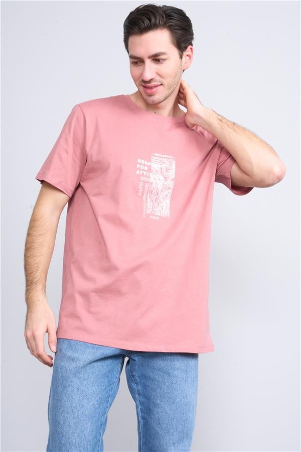 Çetinkaya Mentality 3720 Bisiklet Yaka 30/1 Penye Regular Baskılı T-shirt Gül Kurusu