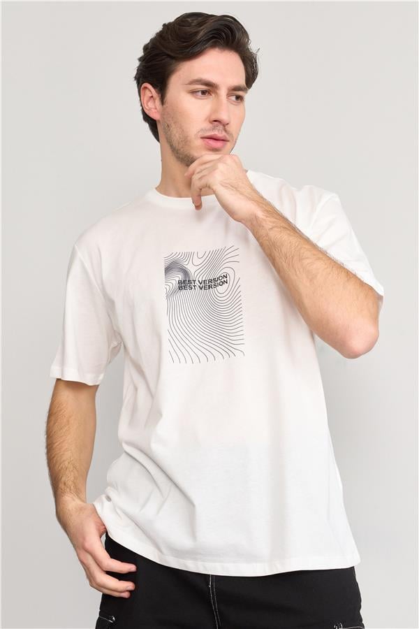 Çetinkaya Mentality 3736 Bisiklet Yaka Penye Regular Baskılı Tshirt Krem