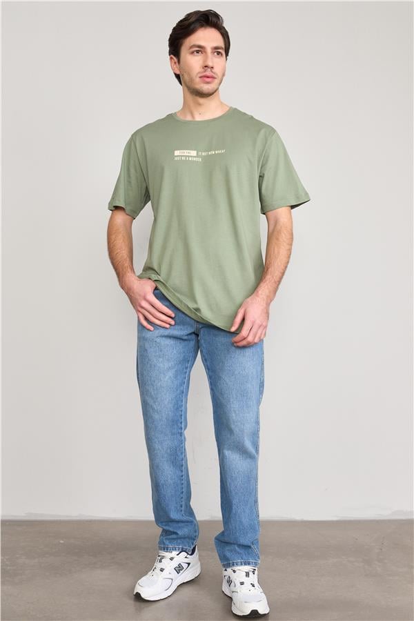 Çetinkaya Mentality 3741 Bisiklet Yaka Penye Regular Baskılı Tshirt Haki