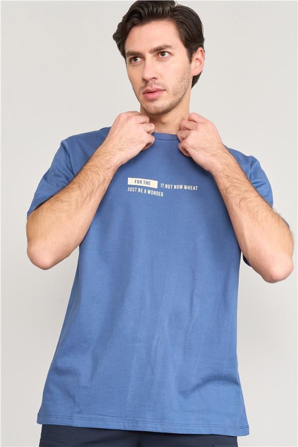 Çetinkaya Mentality 3741 Bisiklet Yaka Penye Regular Baskılı Tshirt İndigo