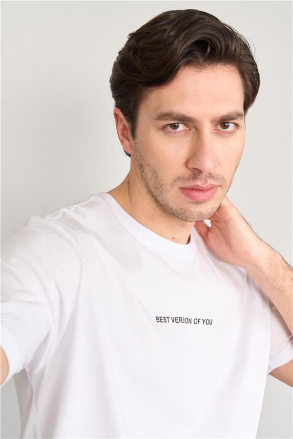 Çetinkaya Mentality 3958 B Yaka Regular Baskılı T-Shirt Beyaz