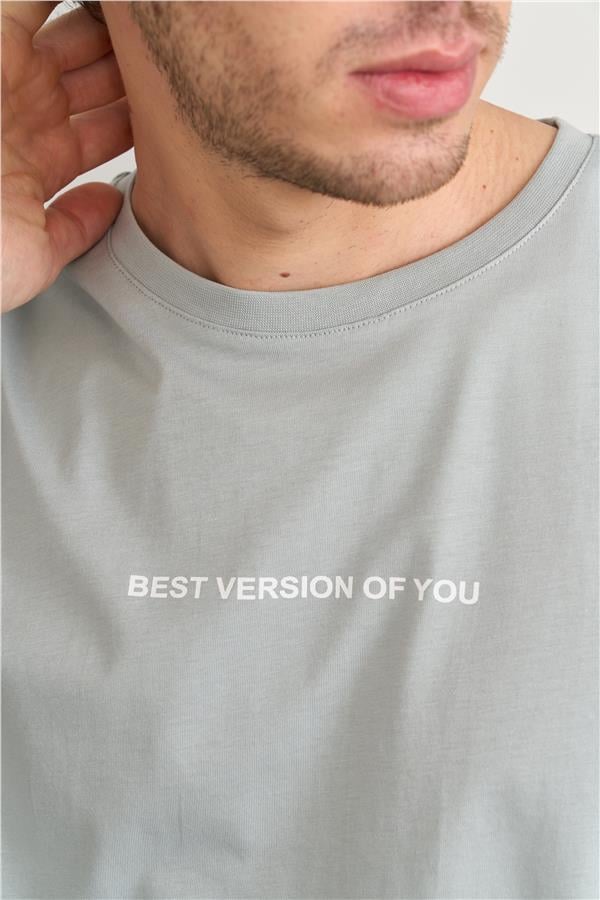 Çetinkaya Mentality 3958 B Yaka Regular Baskılı T-Shirt Düz Açık Gri