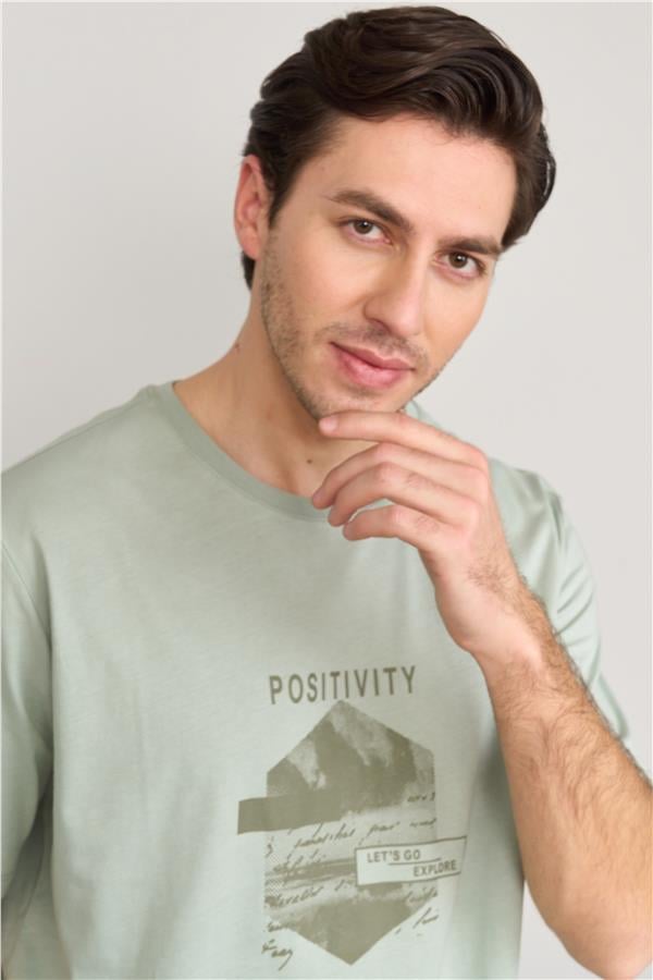 Çetinkaya Mentality 3961 Bisiklet Yaka Penye Regular Baskılı Tshirt Koyu Çağla