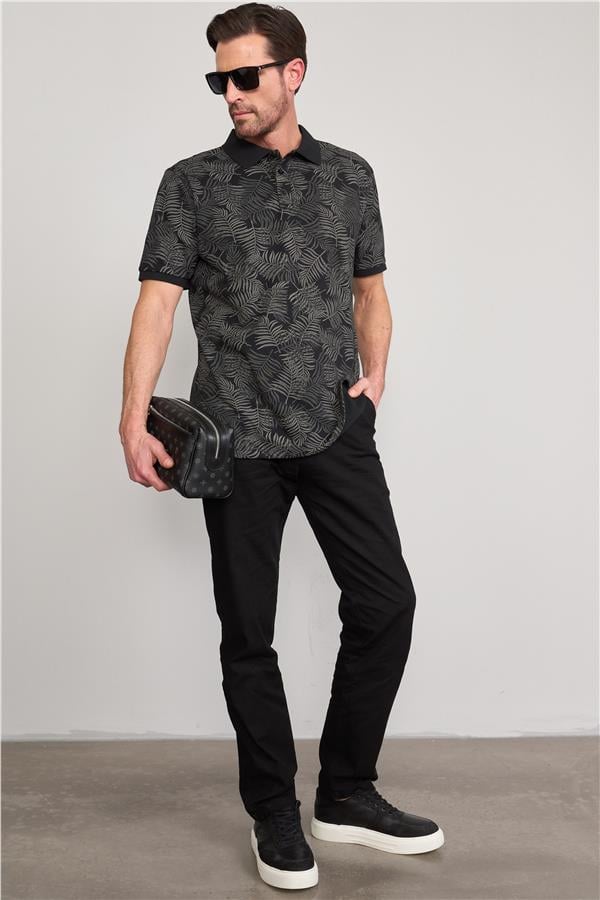 Çetinkaya Mentality 4133 Polo Yaka Rejenere Pike Metraj Baskı Regular T-Shirt Siyah