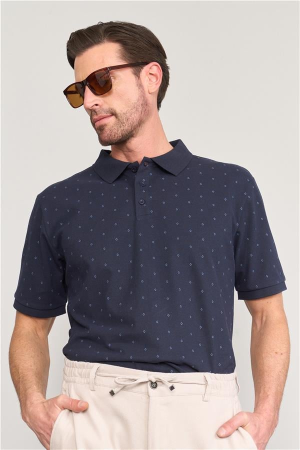 Çetinkaya Mentality 4136 Polo Yaka Rejenere Pike Metraj Baskı Regular T-Shirt Lacivert