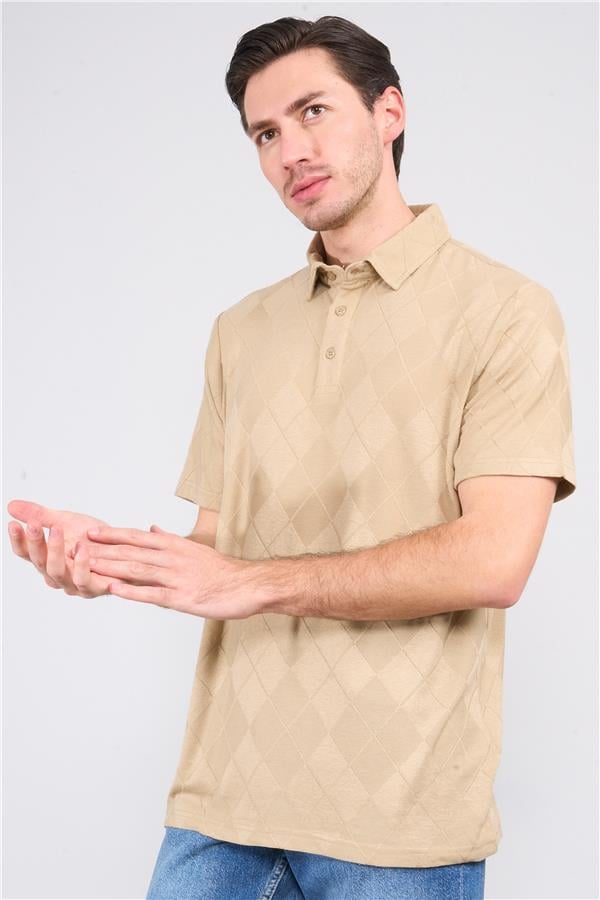 Çetinkaya Mentality 4230 Erkek Polo Yaka Jakarlı İnterlok Regular T-shirt Bej