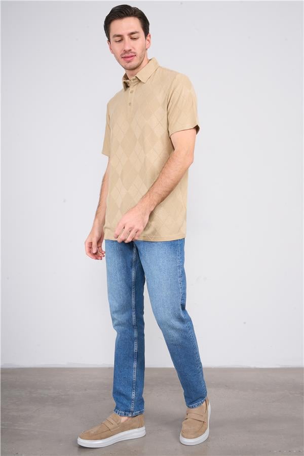 Çetinkaya Mentality 4230 Erkek Polo Yaka Jakarlı İnterlok Regular T-shirt Bej