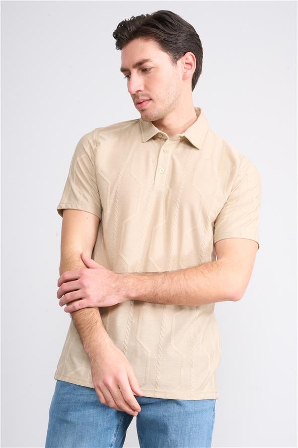 Çetinkaya Mentality 4231 Erkek Polo Yaka Jakarlı İnterlok Regular T-shirt Bej