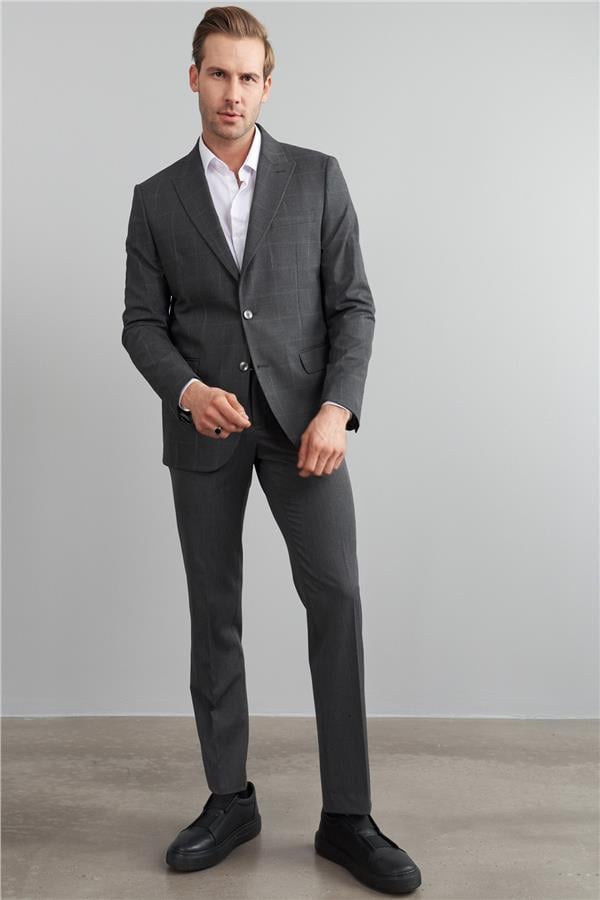 Çetinkaya Mentality 4941 Erkek Sivri Yaka Slim Fit Ceket Gri Ekoseli