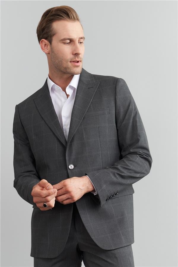 Çetinkaya Mentality 4941 Erkek Sivri Yaka Slim Fit Ceket Gri Ekoseli